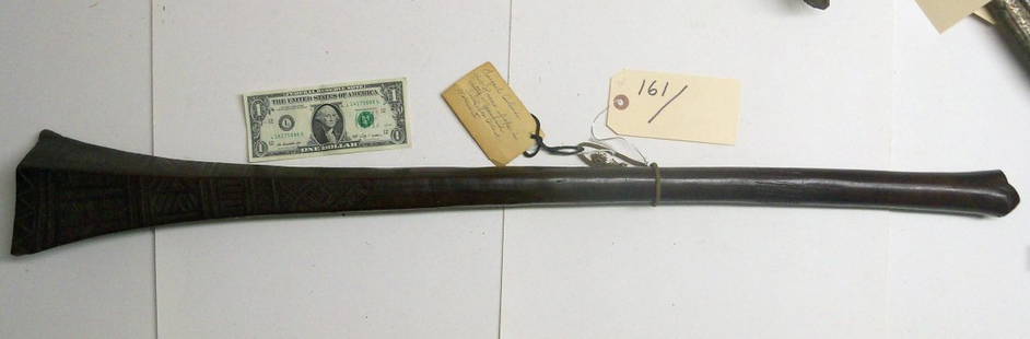 19th Century Samoan or Fijian Club.: 36 inches overall. Carved from a dense South Seas ironwood with elegant traditional zigzag motifs. Similar club found in "History of Mankind" South Sea Island, Volume One. From the William Herbert McG