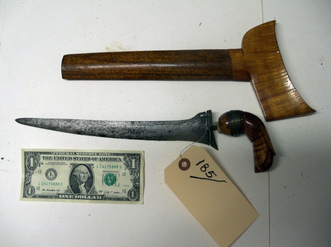 Birdhead 19th C. Malaysian Kris Sword Dagger: Water pattern 9¾ inch straight blade with a broken tang. The birdhead handle has been wrapped with wire to keep it from spliting more. The scabbard and handle are finely grained. William Herbert McGi