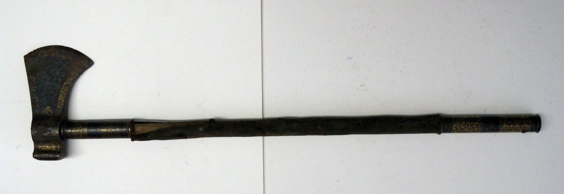 Rare 18th Century Mughal Period Tabarzin Axe: Very fine Tabar Axe with gold inlaid koftgari fittings of fine quality.