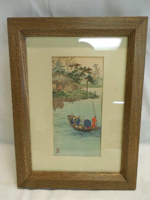 Japanese Woodblock Print by Shoda Koho (1872-1928): image size 3.5" x 7.5", framed 9" x 12", signed