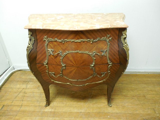 French Style Rose Marble Top Commode: 33" wide x 16" deep x 31" tall, marquetry w/bronze, 20th C marked "Made in Spain"