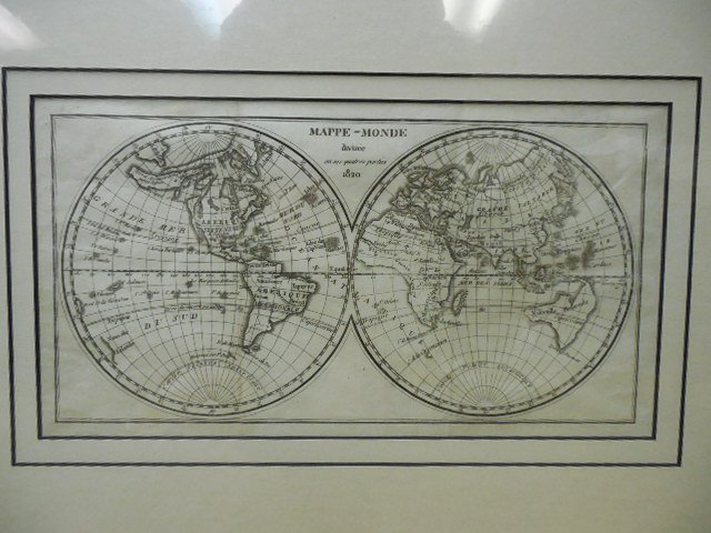 1820 Map of the World: 11.5" x 6", "Mappe-Monde divisee en ses quatres parties, 1820"