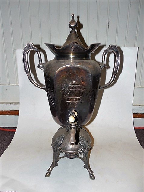 Wilcox Silver Plate Co Samovar: 19" H x 12" W fr handle to handle, late 1800's-early 1900's