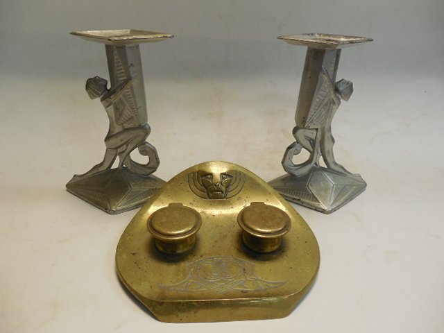 Brass Ink Well & 2 Art Deco Candlesticks (1 of 3)