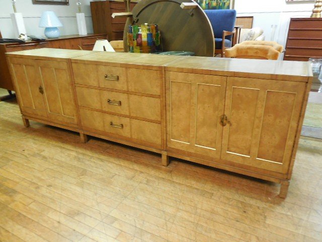 Mastercraft Burled wood Credenza/Server: 102" W x 18" D x 31" H, cloth label "Mastercraft Furniture CO, Grand Rapids, Mich" Burled wood with inlaid designs, brass hardware