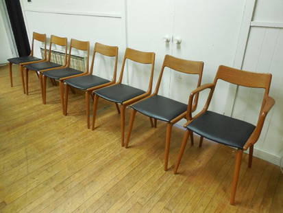 Set (7) Falster, Denmark, Dining Chairs: 32" H x 20.5" W x 19" D, black seats6 side chairs1 arm chair