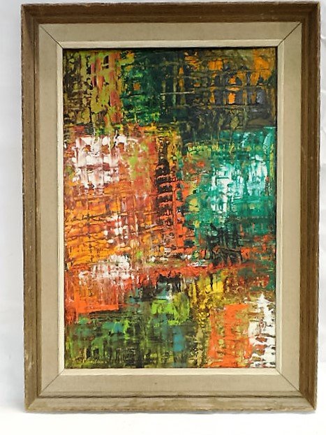 Mid Century Abstract Oil Painting on Board: 20" x30", oil on canvas board, signed " JW Robbins 1961" on back