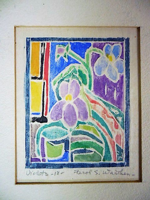 Ferol Sibley Warthen Wood Block Print - Provincetown,: overall 4.5" x 6" , image size 3" x 3.5"signed "Violets 18 , Ferol S Warthen" in pencil lower marginverso reads "Violet block cut Aug 68, Print #18 July 5 - '71 Woodblock watercolor, one block method