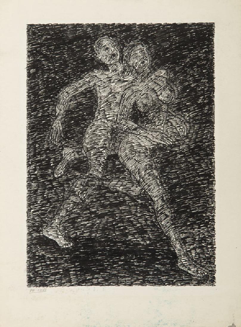 Derek Boshier (b. 1937) "The Race", 1981; ink on paper,: Derek Boshier (b. 1937) "The Race", 1981; ink on paper, 38 x 28 cm; signed and dated lower left: 'DB 1981'; described on the reverse: 'DEREK BOSHIER | THE RACE | 1981'; PROVENANCE: - gift from the art