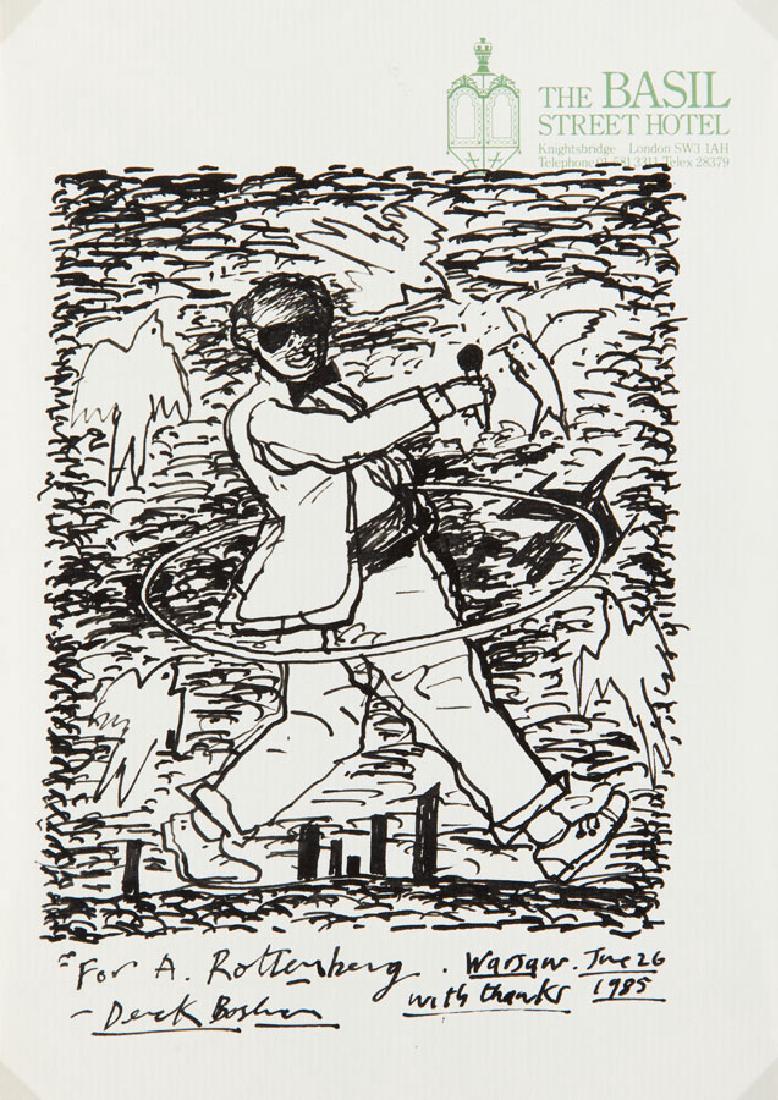 Derek Boshier (b. 1937) Untitled, 1985; ink on paper,: Derek Boshier (b. 1937) Untitled, 1985; ink on paper, 21 x 15 cm; signed, dated and described on the bottom: 'For A. Rottenberg · Warsaw · June 26 | - Derek Boshier with thanks 1985'; PROVENANCE: -