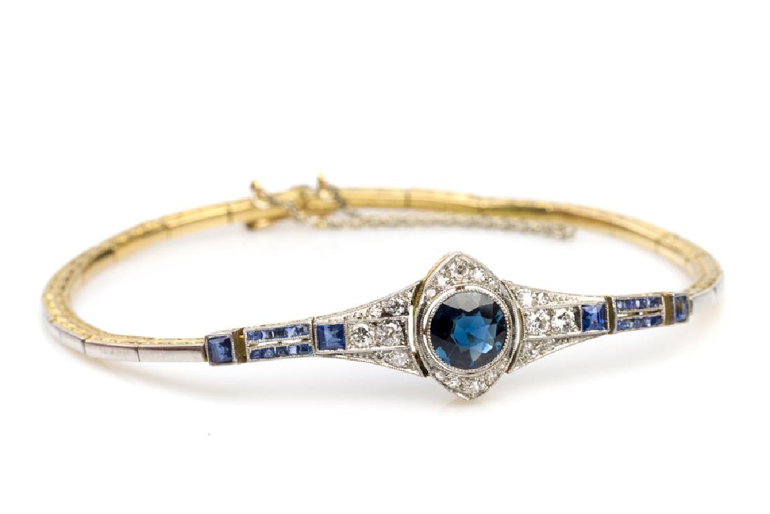 Bracelet; 1920s-30s, Art Deco, Sweden: Bracelet; 1920s-30s, Art Deco, Sweden; ~ 0.750 gold, platinum; engraved, 1 sapphire ~ 1.20 ct, 4 diamonds in t. ~ 0.30 ct H-I/VS-Si, 4 eight cut diamonds, 4 rose-cut diamonds, weight: 11.76 g; length: