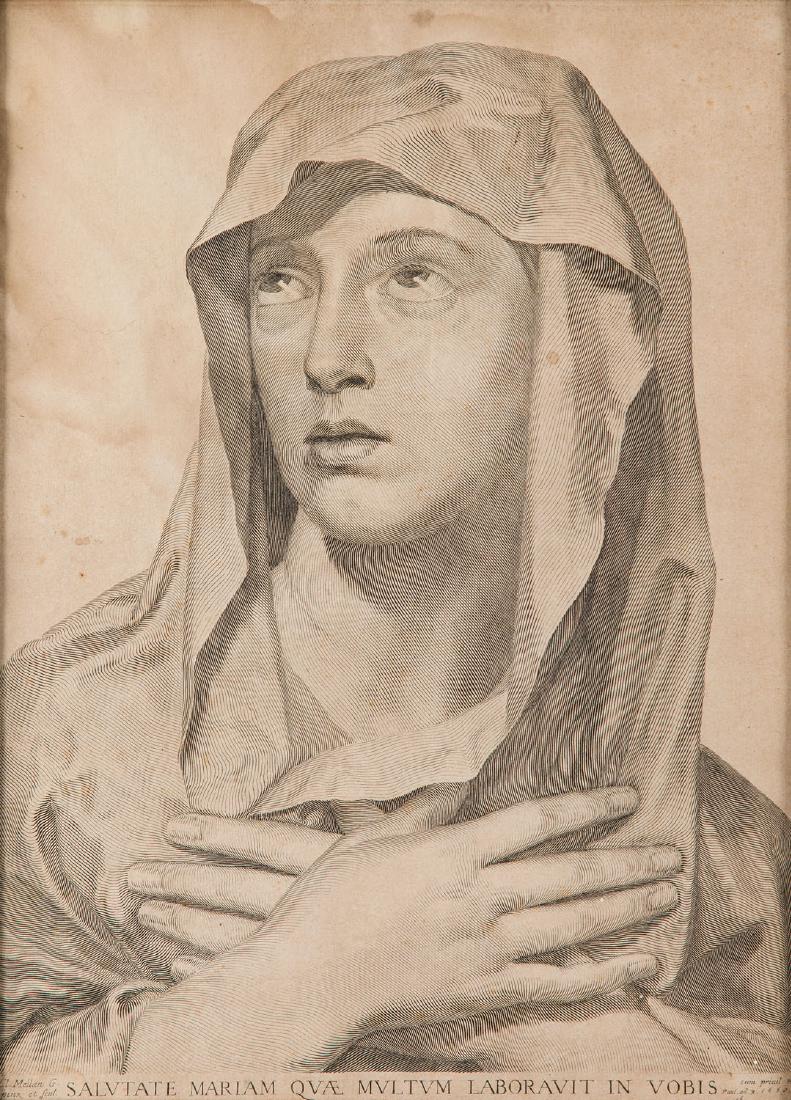 Claude Mellan (1598 - 1688) Maria the Virgin, 1650: Claude Mellan (1598 - 1688) Maria the Virgin, 1650; engraving on paper, 43 x 31 cm; at the bottom inscription: 'Cl. Mellan G. | pinx et scul. | SALVTATE MARIAM QUAE MVLTVM LABORAVIT IN VOBIS | cum pri