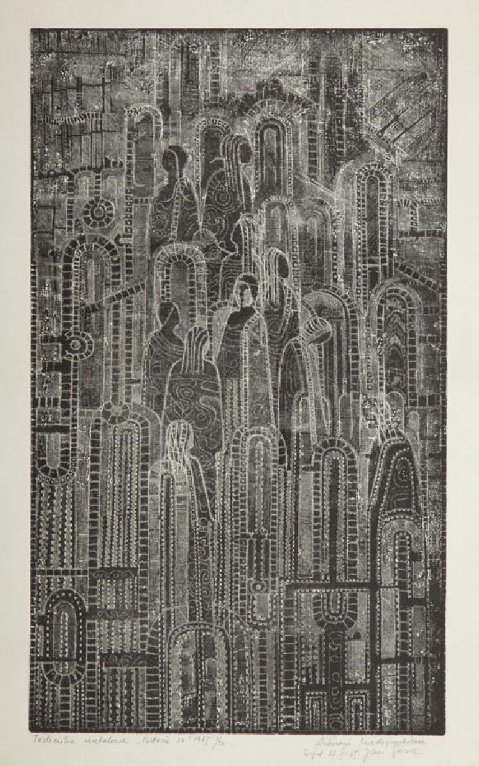 Jan Gora (b. 1936) "Characters XII", 1965: Jan Gora (b. 1936) "Characters XII", 1965; etching, aquatint on paper, 29.5 x 50 cm, 61 x 46 cm (printed sheet); signed, dated and described at the bottom : 'Technika metalowa "Postacie XII" 1965 5/30