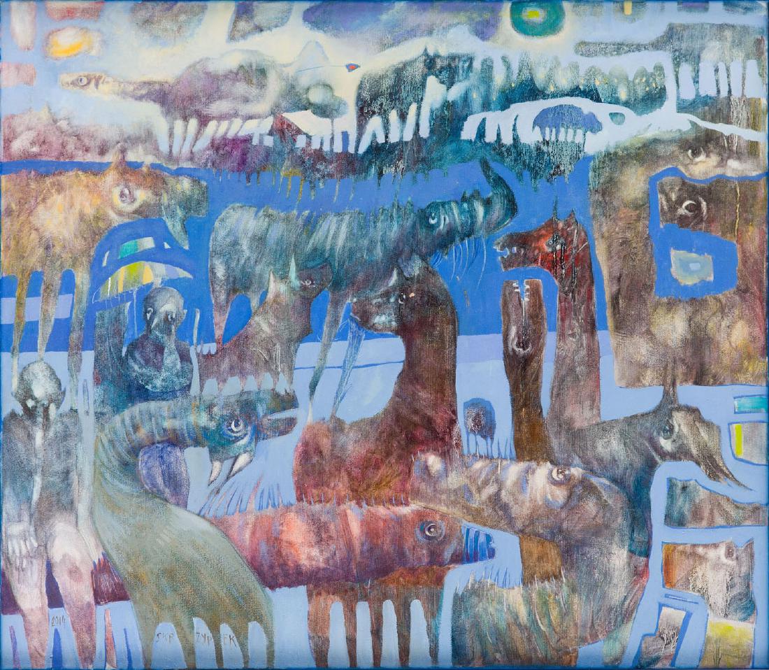 Grzegorz Skrzypek (b. 1970) Between the Mainlands, 2014: Grzegorz Skrzypek (b. 1970) Between the Mainlands, 2014, oil on canvas, 70 x 80 cm, signed and dated lowe left: '2014 SKRZYPEK', described on the reverse: 'GRZEGORZ SKRZYPEK | "MIEDZY KONTYNENTAMI" | 