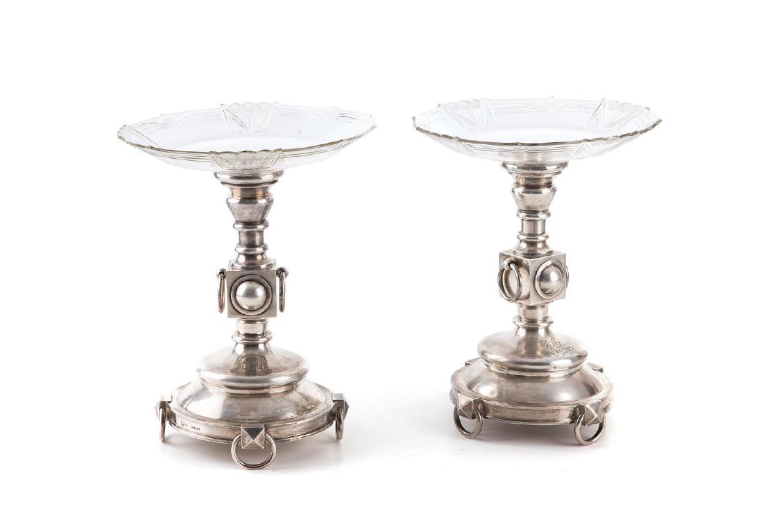 A pair of pater for fruit, 1881: A pair of pater for fruit, 1881, Grachev Brothers, Petersburg, silver, glass, 24 cm x 16 cm, diameter of the glass: 21 cm, silversmith's marks on the edge: silver fineness mark, hallmark made by 'AF'
