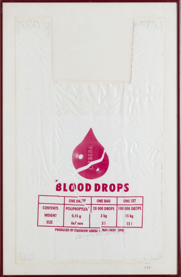 Zbigniew Libera (b. 1959) "Blood drops 007", 1998: Zbigniew Libera (b. 1959) "Blood drops 007", 1998; serigraphy on celluloid foil, 30 x 15 cm; signed: 'Zbigniew Libera'; the stamp on the base: '007'; LITERATURE: - compare: Zbigniew Libera. Prace z la