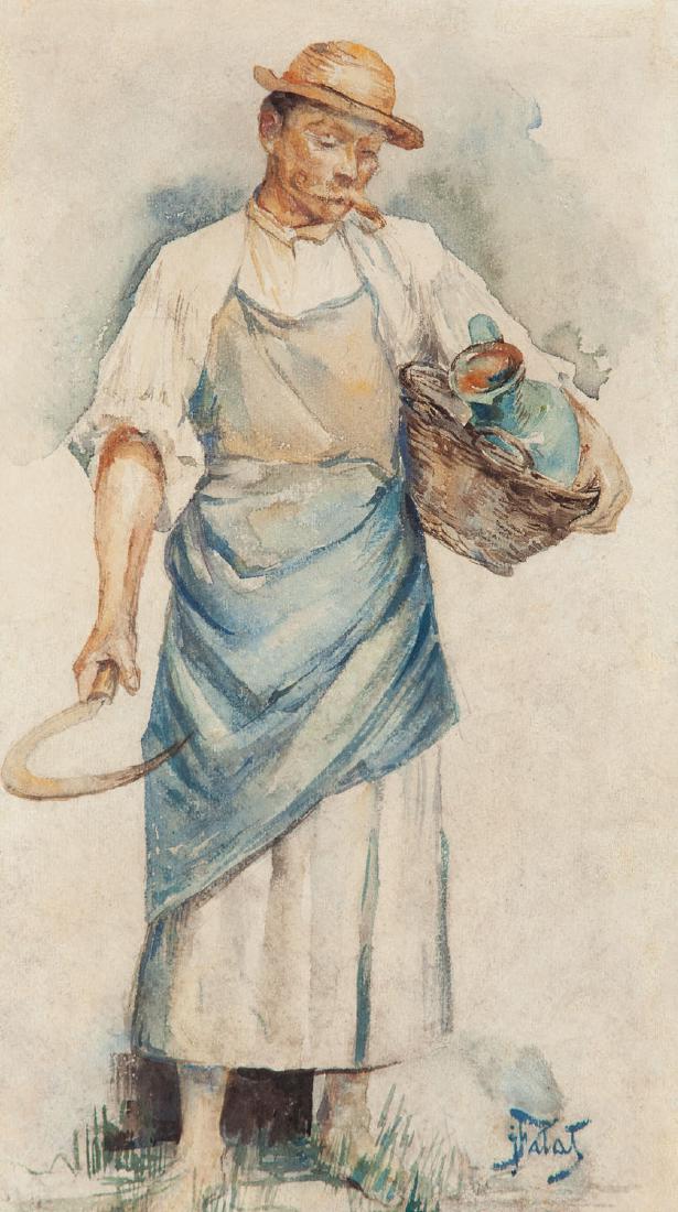 Julian Falat (1853 - 1929) Harvester, 1880s: Julian Falat (1853 - 1929) Harvester, 1880s; watercolour on paper, 41 x 23 cm (dimensions in passe-partout window); signed lower right: 'JFalat'; PROVENANCE: - private collection, Lesser Poland