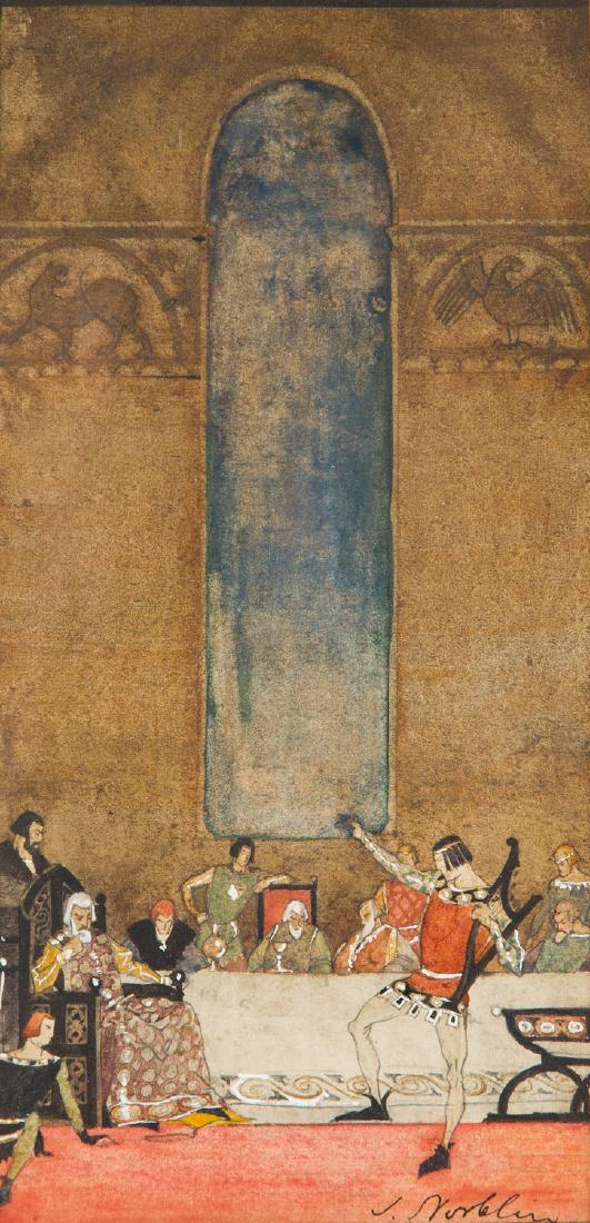 Stefan Norblin (1892 - 1952) Court scene, 1920-1930s: Stefan Norblin (1892 - 1952) Court scene, 1920-1930s; watercolour/paper, 23 x 11.5 cm (dimensions in passe-partout window); signed lower right: 'S.Norblin'; NOTE: - To this lot we apply 'artist's resa