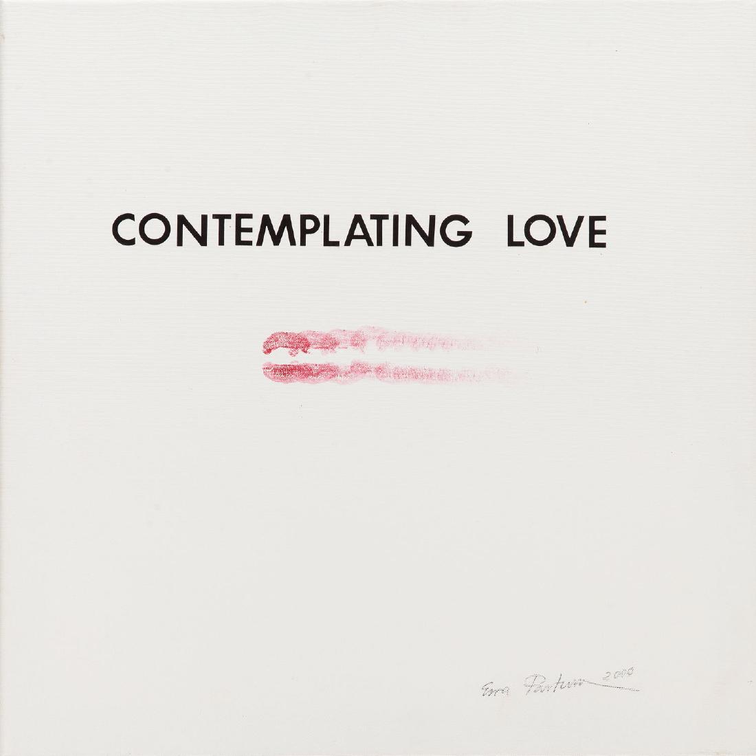Ewa Partum (b. 1945) "Contemplating Love", 2000: Ewa Partum (b. 1945) "Contemplating Love", 2000; red lipstick, black letraset on canvas, 50 x 50 cm; signed and dated lower right: 'Ewa Partum 2000"; this work is unique; NOTE: - To this lot we apply