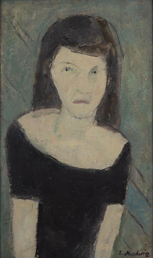 Symcho Moszkowicz (1915-1966) Portrait of a girl in a: Symcho Moszkowicz (1915 - 1966) Portrait of a girl in a black dress, oil on board, 62.5 x 38 cm (sheet); signed lower right: 'S. Moszkowicz'; NOTE: - To this lot we apply Artist's Resale Right (Droit