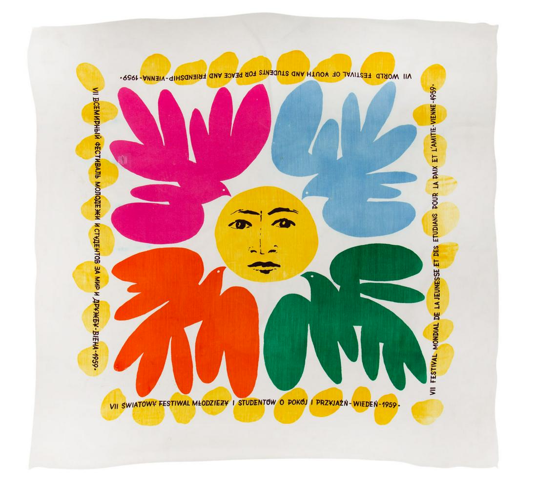 Jan Lenica (1928 - 2001), Festival Headscarf of 7th: print/cotton, 80 x 84 cm, described among the edges in languages: Polish, French, English and Russian