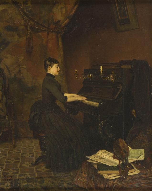 Pawel Merwart (1855 - 1902), "Impromptu" ("Carmen" by: Pawel Merwart (1855 - 1902), "Impromptu" ("Carmen" by Georges Bizet), 1889, oil/panel, 61 x 49.5 cm, signed and dated lower left: 'Paul Merwart. | 1889' on the reverse an old label inscribed with ink: