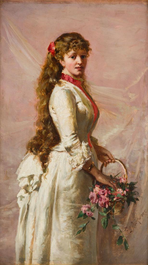 Pawel Merwart (1855 - 1902), Parisian Girl. Lady with: Pawel Merwart (1855 - 1902), Parisian Girl. Lady with flower basket, przed 1902, oil/board, 55.7 x 33.2 cm, signed lower right: 'PAUL MERWART', on the reverse paper auction label -NOTE:- In addition t