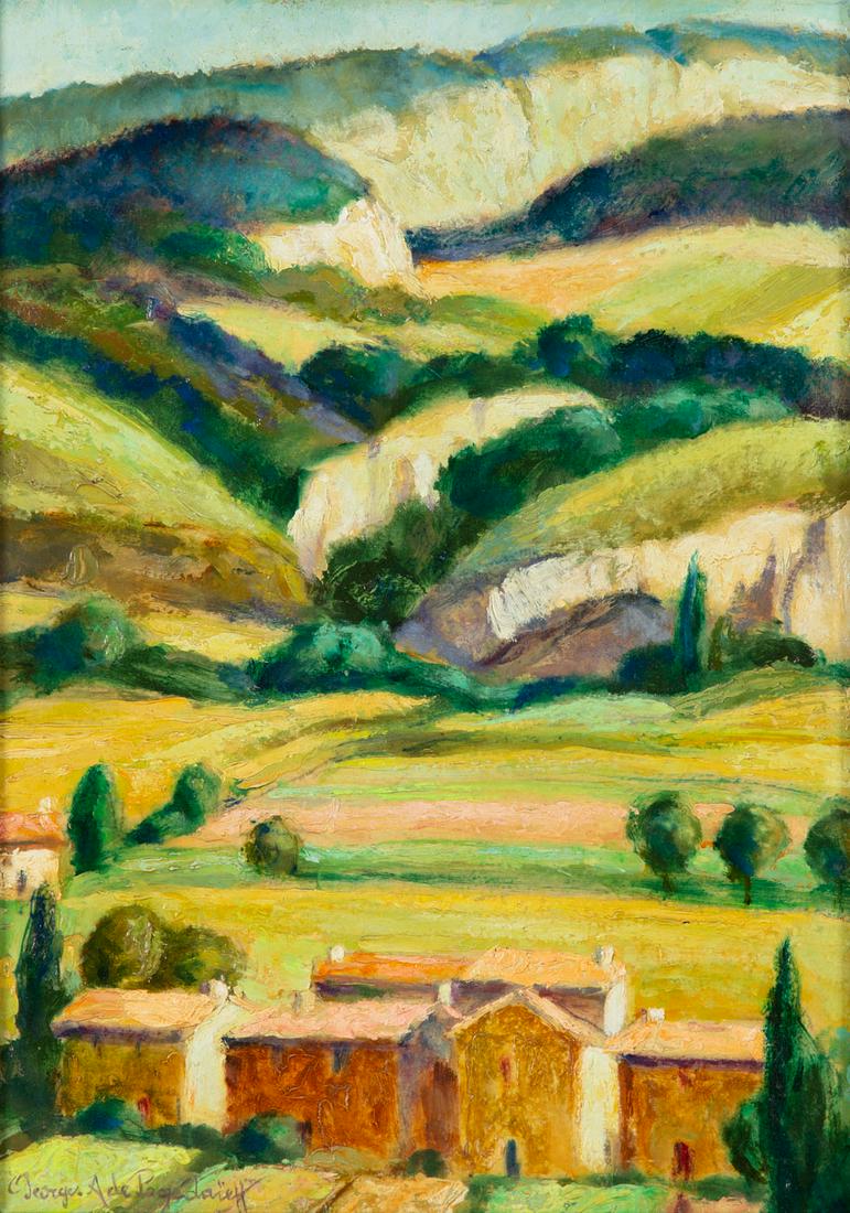 Georges de Pogédaieff (1894 - 1971), Landscape: Georges de Pogédaieff (1894 - 1971), Landscape from Ménerbes, oil/fiberboard, 46 x 33 cm, signed lower left: 'Georges A de Pogedaieff', paper label on the reverse with the work's description -NOTE:-