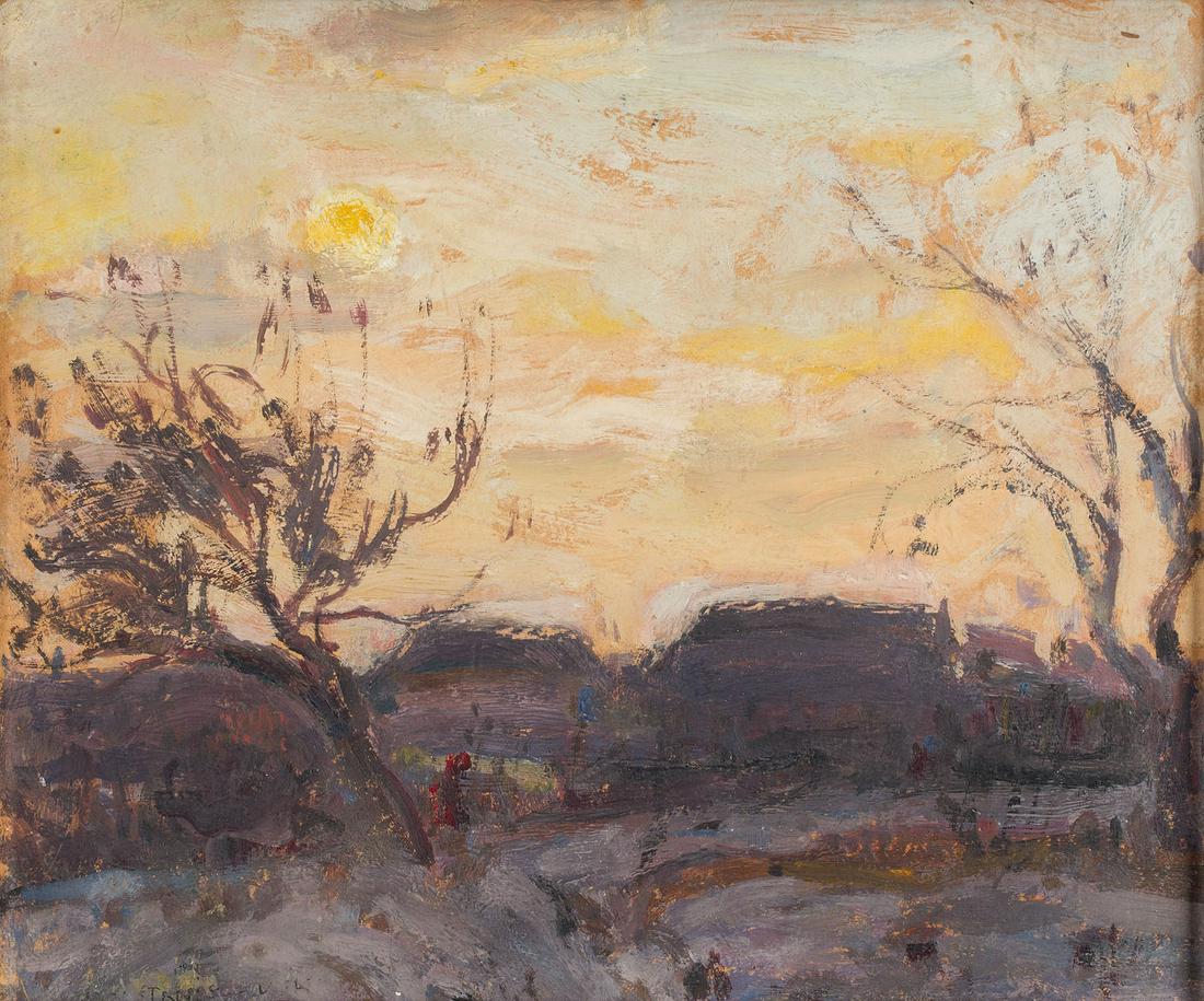 Jan Stanislawski (1860 - 1907), Sunset in Ukraine,: Jan Stanislawski (1860 - 1907), Sunset in Ukraine, oil/paperboard, 18.5 x 22 cm (dimensions in frame), signed lower left.: 'JAN STANISLAWSKI', on the reverse artist's estate stamp with Janina Stanisla
