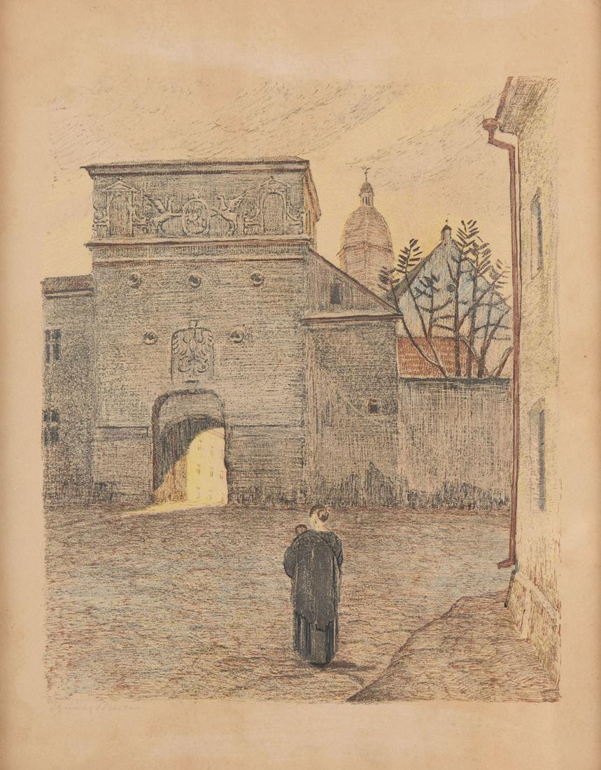 Ignacy Pinkas, (1888 - 1935), Ostra Brama from the: Ignacy Pinkas, (1888 - 1935), Ostra Brama from the "Wilno" portfolio, 1929, coloured lithography/paper, 33 x 27.5 cm, signed with pencil lower left: 'Ignacy Pinkas' From the 'Wilno. W autolitografiach