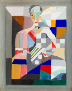 Jean Lambert-Rucki (1888 - 1967), Cubist composition: Jean Lambert-Rucki (1888 - 1967), Cubist composition with woman by the table, 1938, oil/paperboard, 26.8 x 21.9 cm, signed and dated on the reverse: 'J. Lambert-Rucki 38', on the reverse stamp with