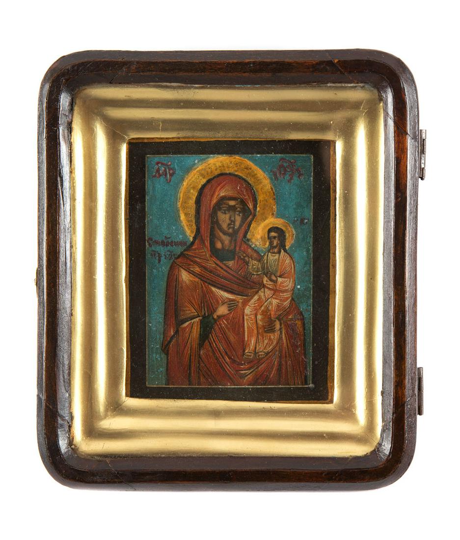 The Smolenskaya Icon of the Mother of God: around the middle of the 19th Century Russia tempera/board 13 x 10 cm dimensions with a kyot: 21 x 18 cm CONDITION: after maintenance NOTE: - In addition to the hammer price the successful bidder agre