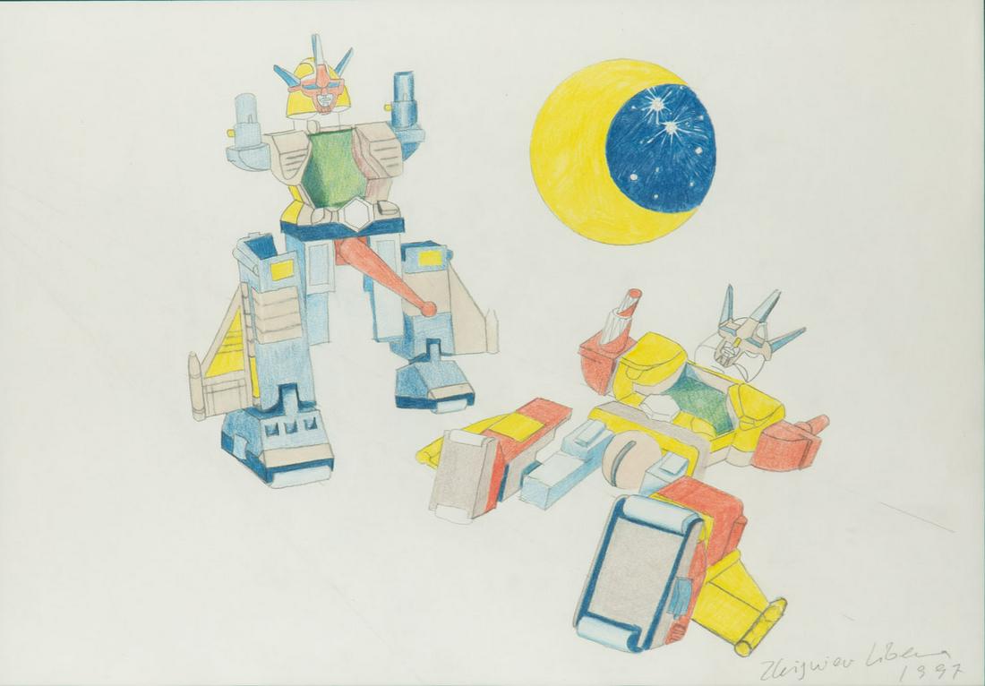 Zbigniew Libera (b. 1959) Untitled , 1997: Zbigniew Libera (b. 1959) Untitled , 1997; pencil, crayon/paper, 40 x 58 cm (dimensions in passe-partout window); signed and dated lower right: 'Zbigniew Libera | 1997'; NOTE: - In addition to the ham