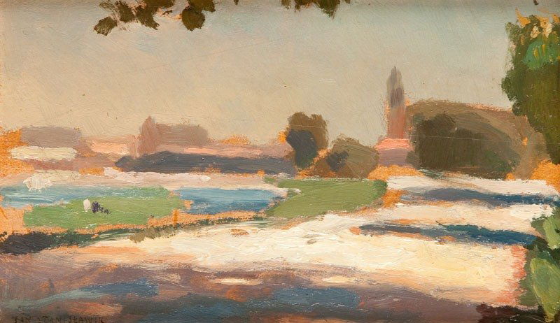 Jan Stanislawski (1860 Olszana na Ukrainie - 1907 Kr: Jan Stanislawski (1860 Olszana na Ukrainie - 1907 Krakow) "Widok z Debnikow" oil/board, 13,5 x 21,5 cm signed l.b.: 'JAN STANISLAWSKI' BACKSIDE: stamp with signature of Janina Stanislawska & nr '383'