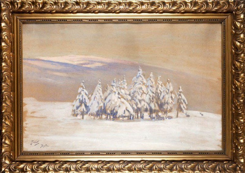 Julian Falat (1853 Tuliglowy - 1929 Bystra) Krajobr: Julian Falat (1853 Tuliglowy - 1929 Bystra) Krajobraz zimowy z Bystrej gouache, watercolor/paper, 62 x 95,5 cm signed l.b.: 'Falat | Bystra' BACKSIDE: paper sticker – Salon Sztuki Achilleon w Bielsk