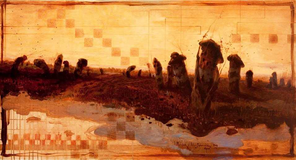 Dominik Wozniak (b. 1983 , Piotrkow Trybunalski): Dominik Wozniak (b. 1983 , Piotrkow Trybunalski) „Figury widokowe II”, 2013 oil/canvas, 70 x 130 cm signed r.b.: 'D. Wozniak / Kol. Szczercowska 2013 | styczen'