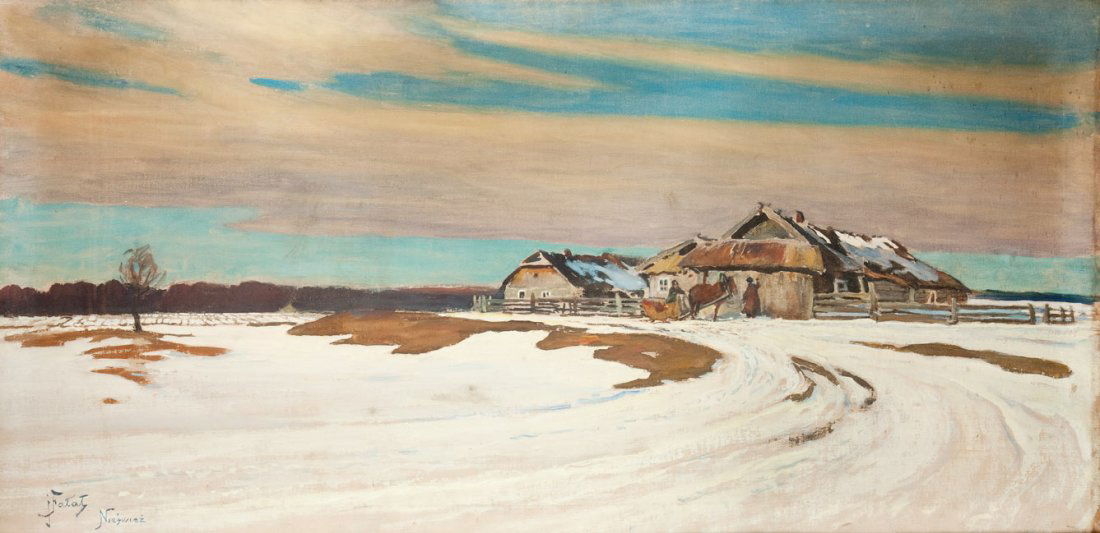 Julian Falat (1853 Tuliglowy - 1929 Bystra) Winter: Julian Falat (1853 Tuliglowy - 1929 Bystra) Winter landscape from Nieswiez oil on canvas, 60 x 100 cm signed 'JFalat | Nieswiez' ODWROCIE: description of painting - hard to read (can be Leszek Ludwiko