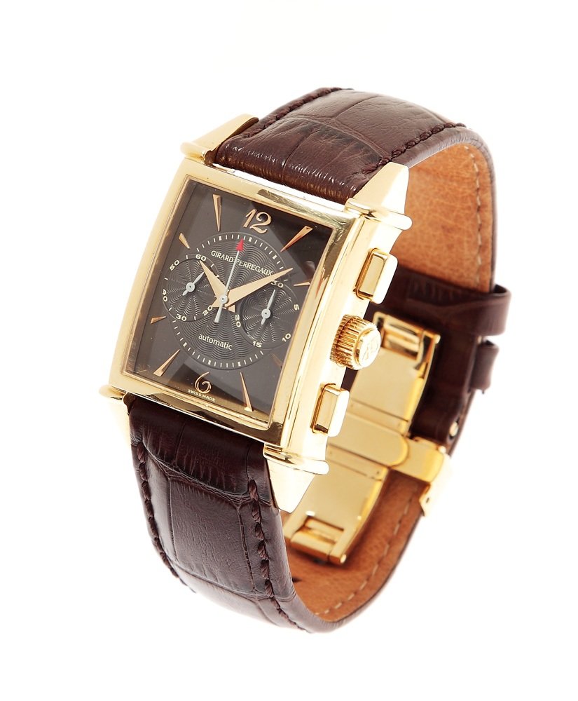 Watch, male, Girard Perregaux, Vintage Chronographe,: Watch, male, Girard Perregaux, Vintage Chronographe, Switzerland gold, dial black, large central seconds, Arabic numeral, Automatic, OJ No 422, ref, 2599, leather strap, masa brutto: 100,60 g; orygina