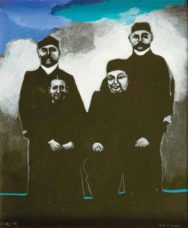 Antoni Falat (b. 1942, Warsaw) Family portrait, 1989,: Antoni Falat (b. 1942, Warsaw) Family portrait, 1989, acrylic on canvas, , 32,5 x 26,5 cm signed: 'ant. Falat' and dated: '20.XII.89'