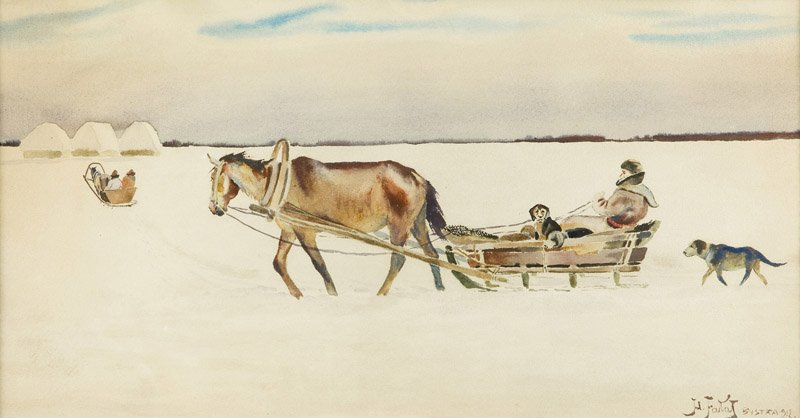 Julian Falat (1853 Tuliglowy - 1929 Bystra) Winter: Julian Falat (1853 Tuliglowy - 1929 Bystra) Winter landscape, 1912, watercolor on paper, 31,5 x 60,5 cm, signed: 'Jul. Falat BYSTRA 912.' Certficate of authenticity from 2013 signed by Stefania Krzysz