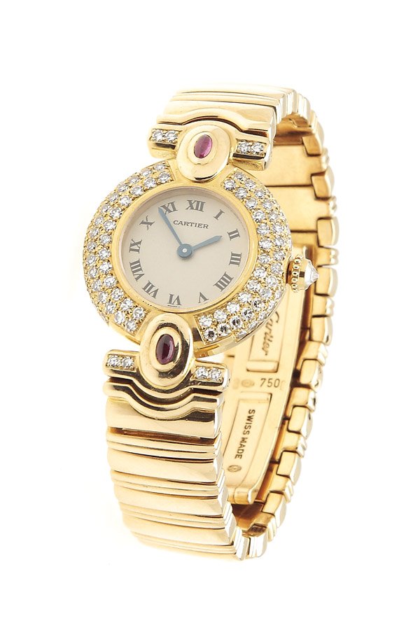 Women wrist watch, Cartier,1990s, 18K gold, quartz,: Women wrist watch, Cartier,1990s, 18K gold, quartz, beige watch case, roman numbers, sapphire glass, mechanism no. 805791300702, 2 cabochon-cut rubies, 1 brillant-cut diamond in lace ~ 0,10 ct, eight-