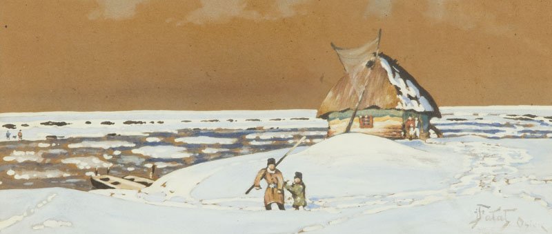 Julian Falat (1853-1929) Winter landscape from Osiek,: Julian Falat (1853-1929) Winter landscape from Osiek, watercolour on cardboard, 19 x 43,5 cm, signed lower right 'JFalat | Osiek'