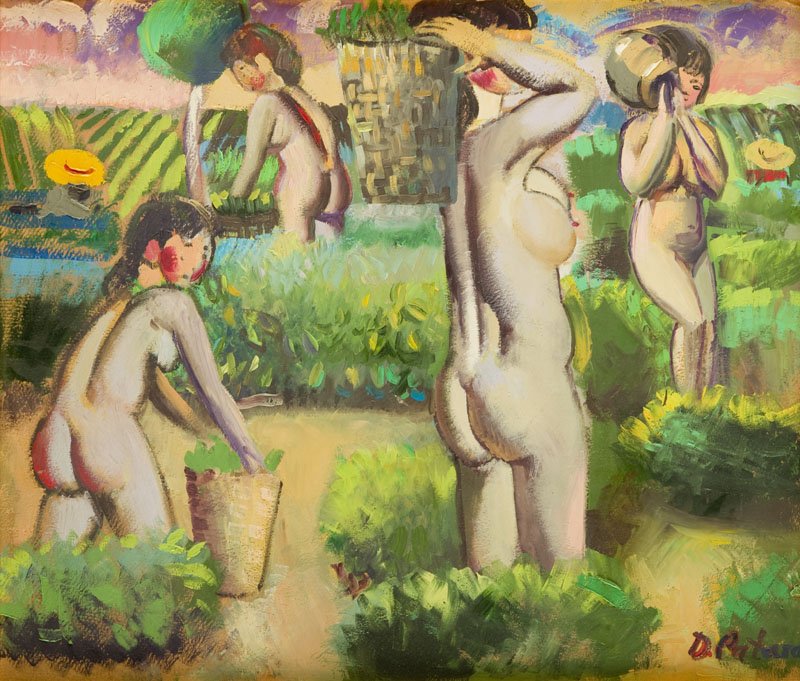 David Pataraia (b. 1971),Harvesting tea,oil/cardboard, (1 of 1)