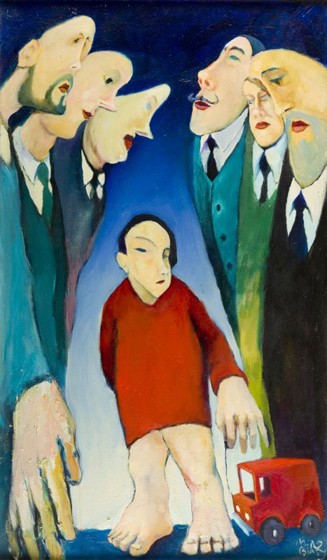 Miro Bialy (b. 1966) "Litte boy and bigger sevants",: Miro Bialy (b. 1966) "Litte boy and bigger sevants", 1999 oil on canvas, 94 cm x 72 cm, signed lower right: 'Miro | Bialy'