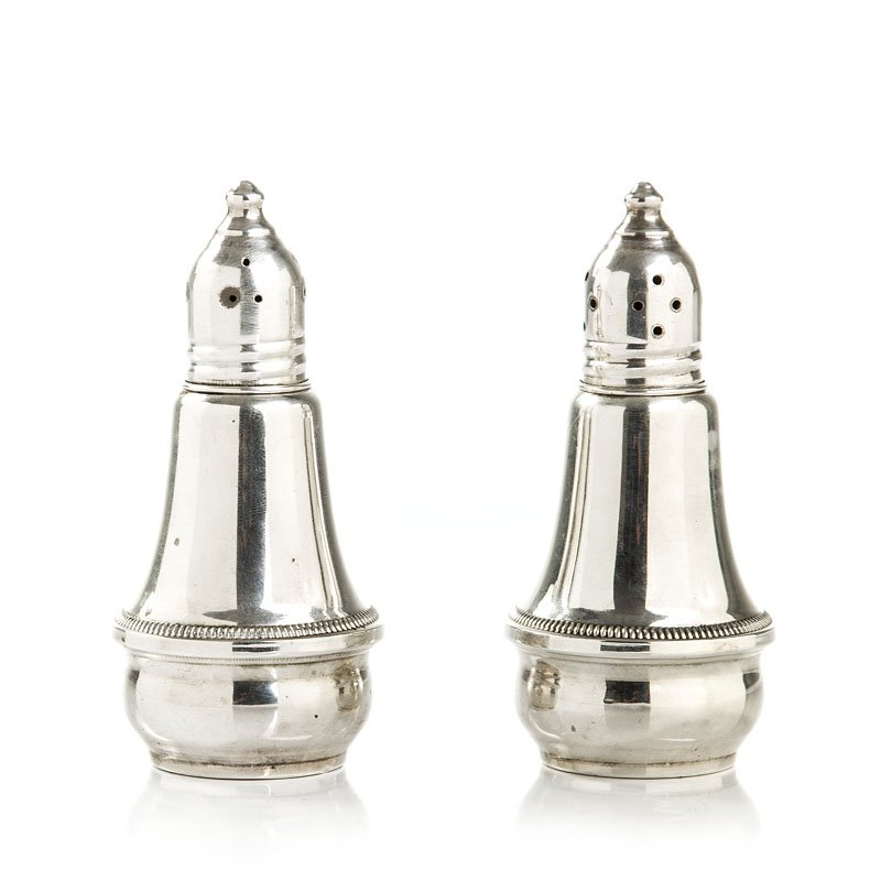Salt and pepper, Mid-20th Century; silver, glass, h.: (1 of 2)