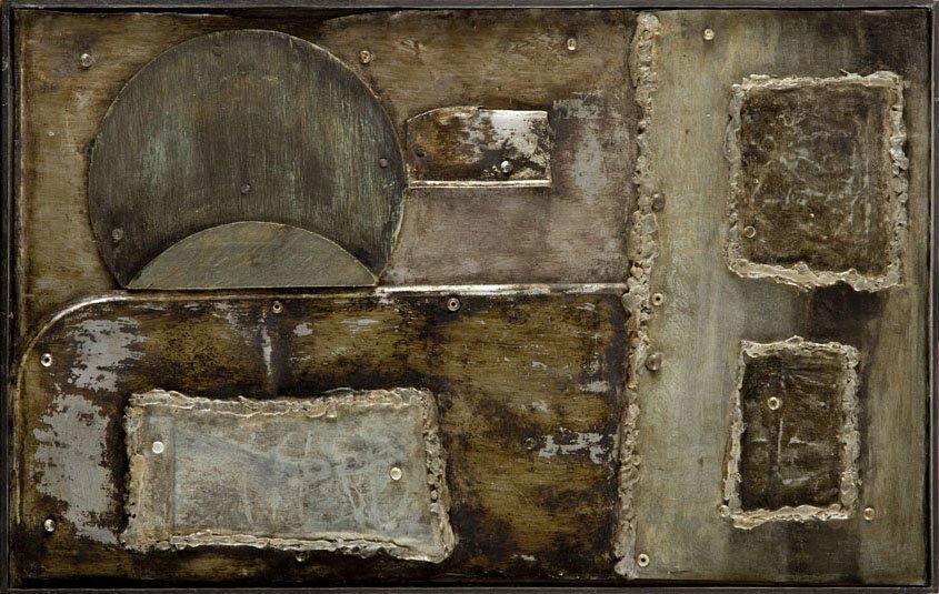 Barbara Pniewska (1923 - 1988) Composition; mixed: Barbara Pniewska (1923 - 1988) Composition; mixed media, collage, metal on board, 44 x 69 cm; signed on the reverse: 'PNIEWSKA | BARBARA'