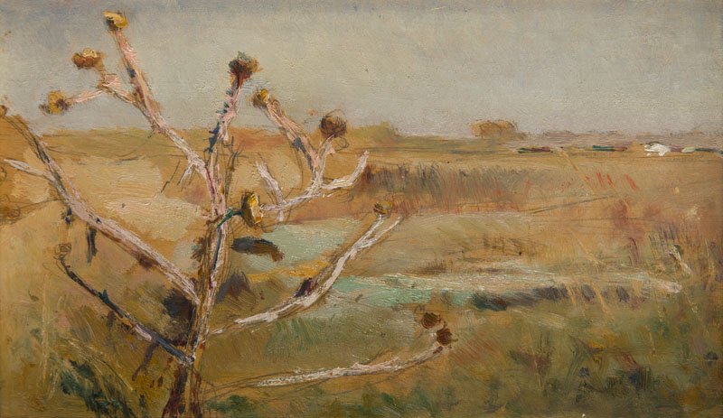 Jan Stanislawski (1860 - 1907), Landscape with: Jan Stanislawski (1860 - 1907), Landscape with Thistles, oil on panel, 23,5 x 15,5 cm, PROVENANCE: - collection of artist's family