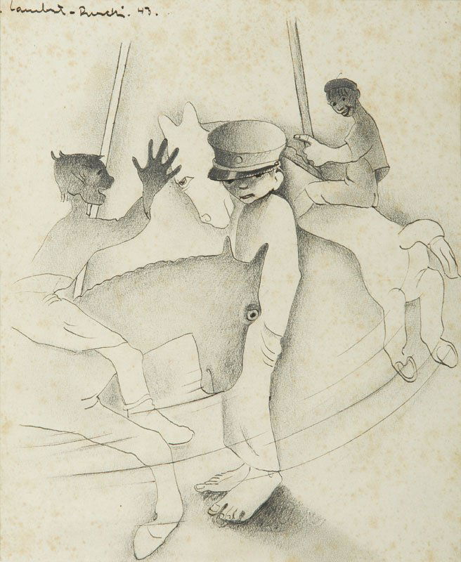 Jean Lambert-Rucki (1888 - 1967) Carousel, 1943,: Jean Lambert-Rucki (1888 - 1967) Carousel, 1943, crayon, ink on paper, 22 x 18,5 cm, signed and dated upper left: 'J. Lasmbert-Rucki. 43.'; NOTE: - To this lot we apply 'artist's resale right' ('droit