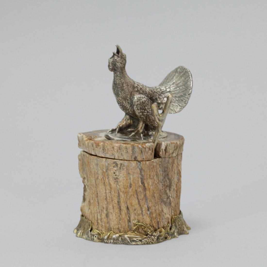 Antique Russian Silver Saltcellar Silver&Petrified: Antique Russian Silver Saltcellar Silver and Petrified Wood, Marked 84 standard of 1896 grams, Work Master M.T., St. Peters Berg Condition: very good Dimension: 3 1.4 inches length(spoon)