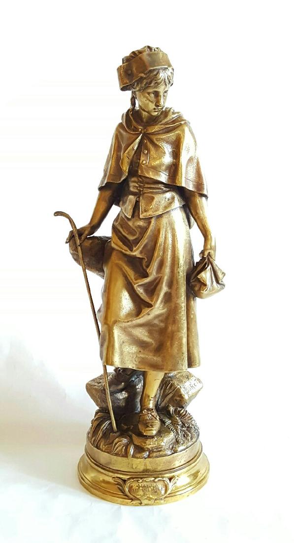 19th C. French Gilt Bronze Statue E.Bouret: 19C French Gilt Bronze Statue by Eutrope Bouret ( 1833 - 1903 ) . Signed Bouret, with exhibition plaque on base front . Condition : very good dimension : Size 19" height , 6" base diameter.